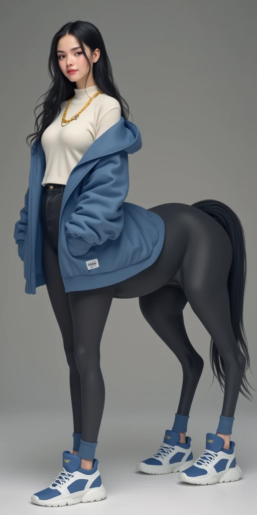 masterpiece,(Best quality:1.3),Centaur girl,lora:Centaur girlV1.0:0.6,(Icefield:1.3),(Head and body 1:9:1.3)Nine-head body,I am a female college student,Elegant, beautiful and elegant,All four legs are wearing student,Bodysuit,White Knit Top Sweater,Sports jacket,Beautiful body,Black and white students,Wearing black,Black Silk,Students wearing fitted clothes,I wear student,((Black work suit: 1.6)),Smooth skin,Black Hair,Perfect facial features,Full breasts,(Gold necklace: 1.4),(All four feet are wearing blue sneakers: 1.6),Fair and translucent skin,Pale skin,Peach-like skin,The milky white porcelain skin of the eggs