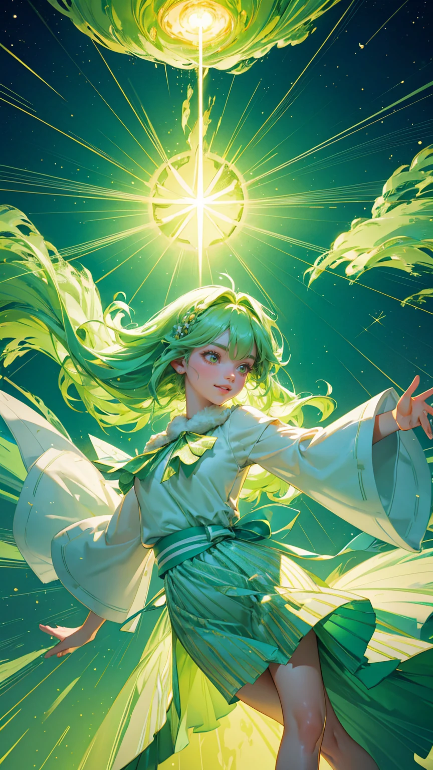 A beautiful, cute girl with vibrant green hair styled in playful waves, dressed in a fluffy green outfit that resembles soft moss or fur. She stands joyfully with her arms raised in a dynamic pose, surrounded by an explosion of green-themed elements like trees, plants, and 3D financial symbols floating in the air. The background is filled with various shades of green, including flying dollar bills, bar graphs, pie charts, and whimsical pine trees. Light beams and sparkles radiate outward from her, creating an energetic and lively atmosphere that highlights growth, abundance, and positivity. The scene is vibrant, with the character fully visible in a zoomed-out view, capturing her excitement and the lush green surroundings.