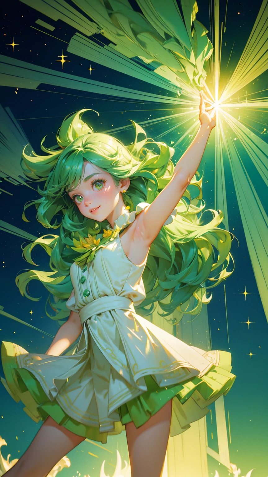 A beautiful, cute girl with vibrant green hair styled in playful waves, dressed in a fluffy green outfit that resembles soft moss or fur. She stands joyfully with her arms raised in a dynamic pose, surrounded by an explosion of green-themed elements like trees, plants, and 3D financial symbols floating in the air. The background is filled with various shades of green, including flying dollar bills, bar graphs, pie charts, and whimsical pine trees. Light beams and sparkles radiate outward from her, creating an energetic and lively atmosphere that highlights growth, abundance, and positivity. The scene is vibrant, with the character fully visible in a zoomed-out view, capturing her excitement and the lush green surroundings.