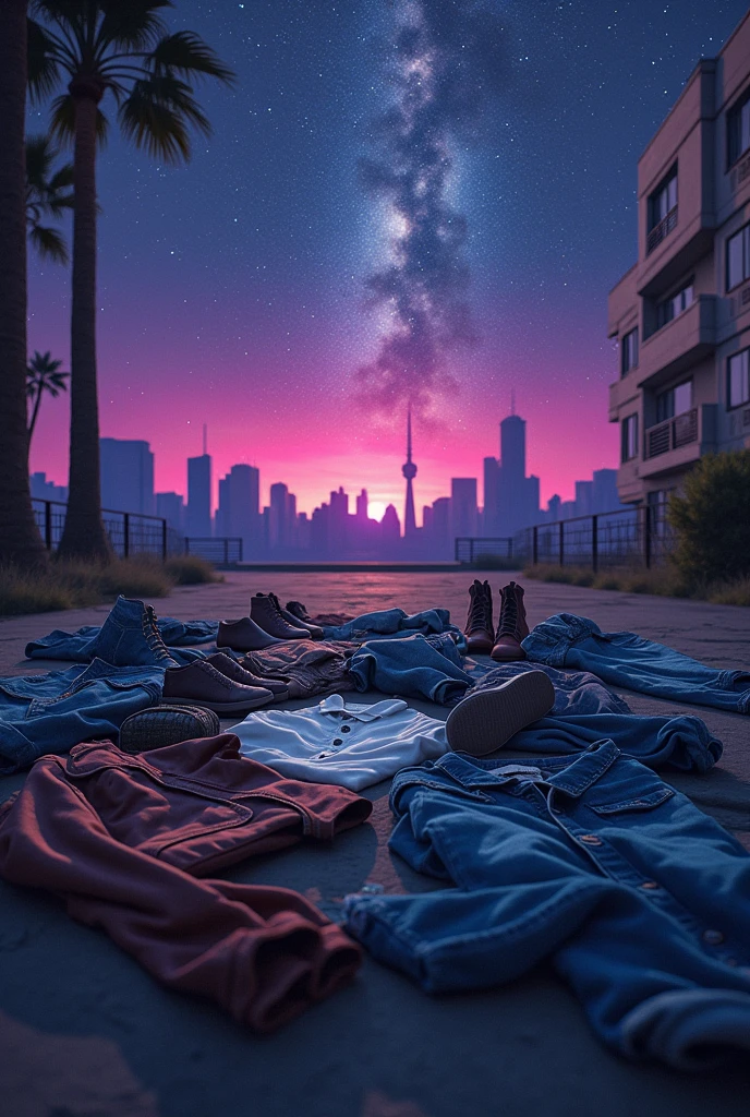 Lofi image of a few dark denim jacket, black leather jacket, shirt, shoe, jeans lying on the ground with cityscape in background and pink purple and blue starry sky
