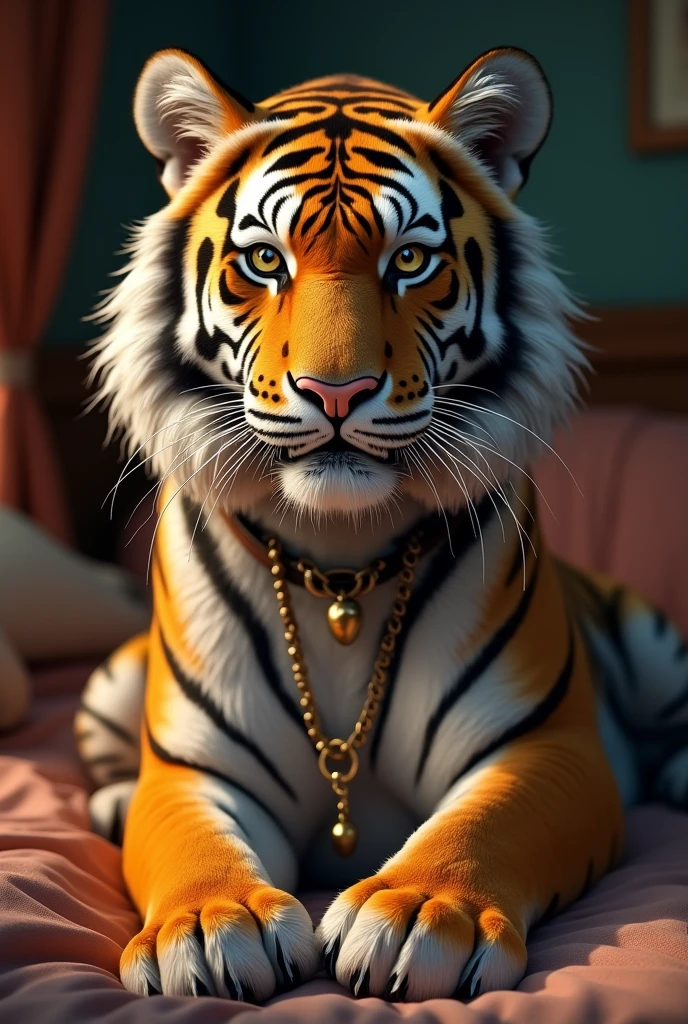A highly detailed, photorealistic anthro tiger male with beautiful detailed eyes, extremely detailed facial features, detailed fur textures, wearing a collar and leash, in a bedroom setting, (best quality,4k,8k,highres,masterpiece:1.2),ultra-detailed,(realistic,photorealistic,photo-realistic:1.37),intricate,studio lighting,sharp focus,vibrant colors,dynamic pose