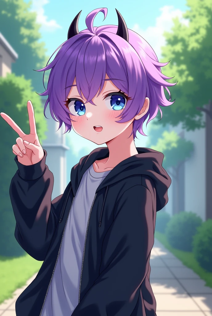 anime art, cute boy with bright purple hair, blue eyes, wearing a black jacket, and has small devil horns, posing with two fingers in a front yard ,white skinned and short haired