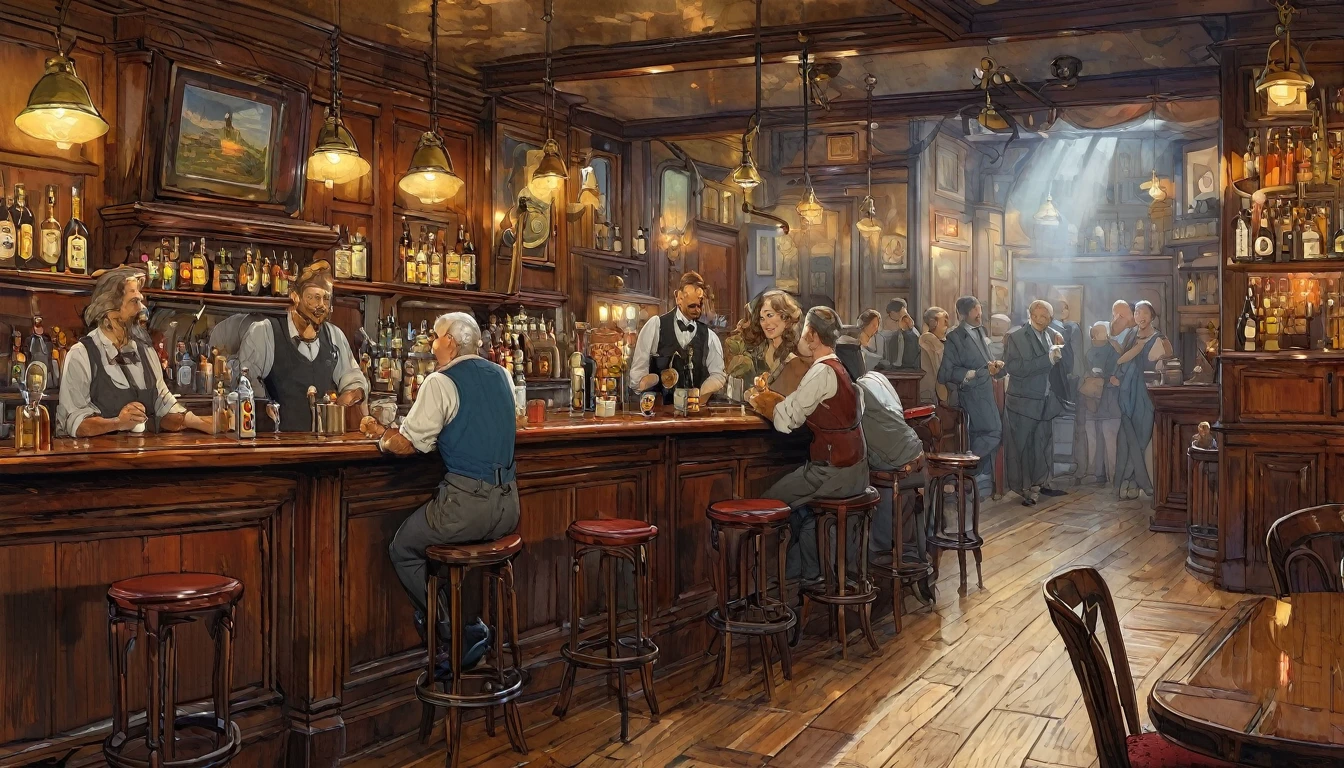 smoky pub, illustration by Jean-Pierre Gibrat, detailed background, indoors