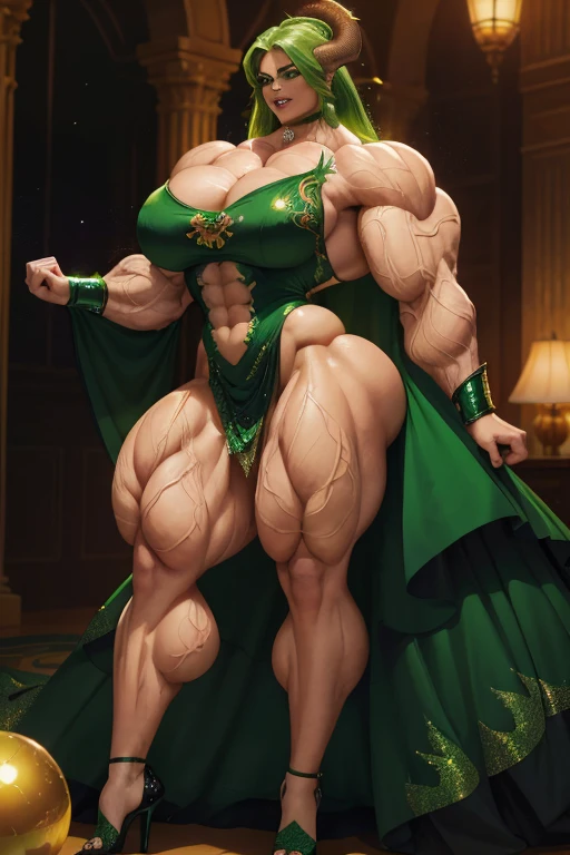 ((Close view)), tall, green hair, beautiful muscular woman, long curvy hair, light brown skinned, closed smile, large breast, (black lipstick), (massive muscles), (hyper muscle), ((ginormous bulky muscles)), orange eyes, ((green sparkly ball gown embroidered with dragon designs)), gauntlets, choker, high heels, (in a ballroom)