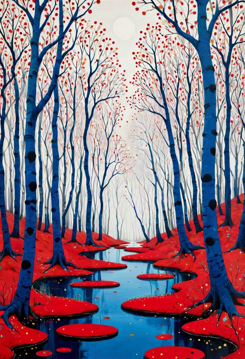 (((Printing pattern))),Color ink,Polka dot art,((Dot:1.37)),Freehand,artistic conception,Wu Guanzhong's artistic style,Minimalism,Birch,Red and blue,White background,inspired by Yayoi Kusama, Stanley Donwood.(((nobody)))