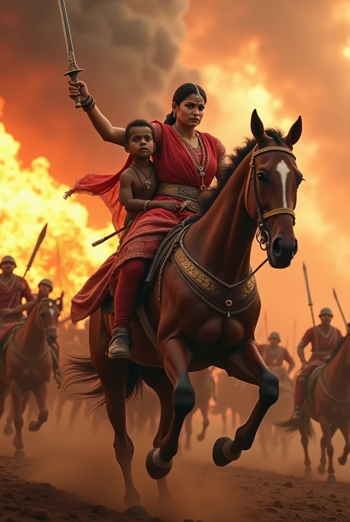 Rani Laxmibai: The legendary Rani Laxmibai, the Queen of Jhansi, dressed in warrior queen attire, with her sword raised defiantly. She rides a rearing horse into battle, leading her soldiers with her young son tied to her back, against the backdrop of a burning fort.