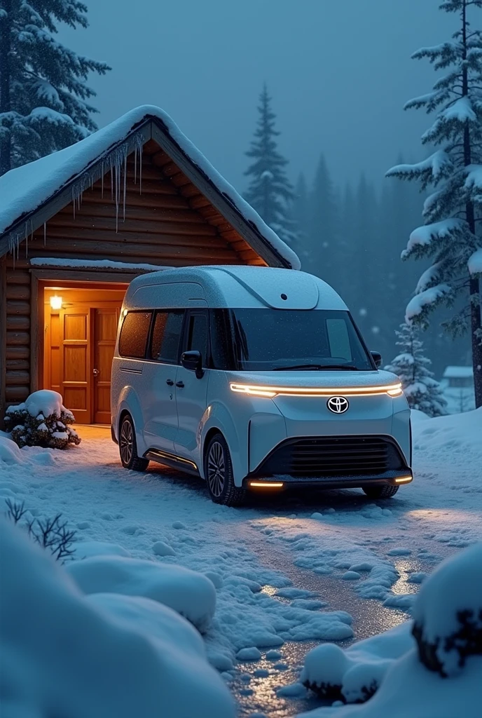Toyota van, long front, high roof, commuter, Oniew, 2023, parked in a hut on a snow-covered mountaintop., Icicles, cool, Inner light, nighttime, cold wind, It's snowing, dark cool nighttime, (best quality,4K,8ก,height,Masterpiece:1.2),Very detailed,(realistic,photorealistic,photo-realistic:1.37),studio lighting,มีรายVery detailed,professional,bright colors,incredible light,movie elements