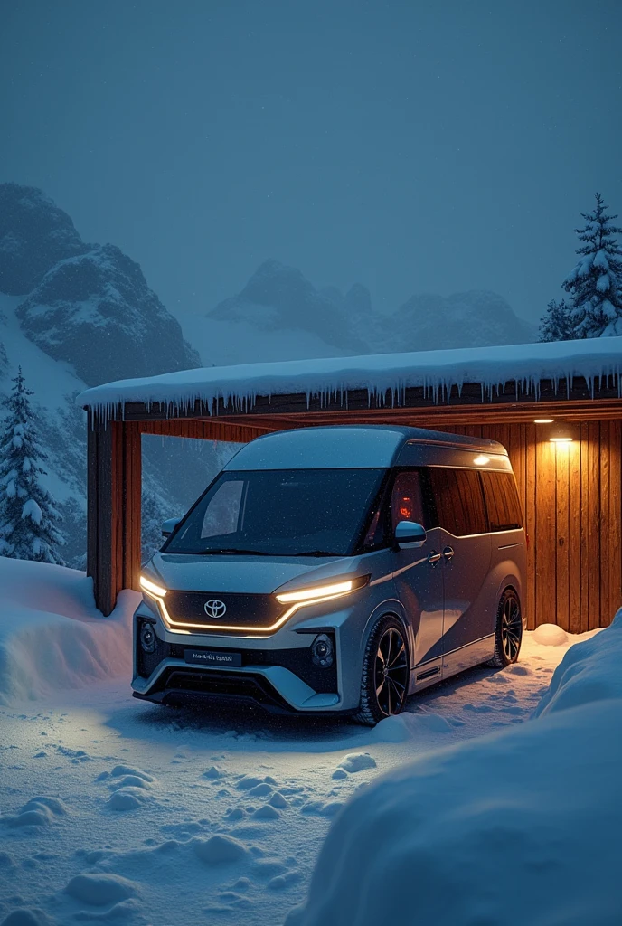 Toyota van, long front, high roof, commuter, Oniew, 2023, parked in a hut on a snow-covered mountaintop., Icicles, cool, Inner light, nighttime, cold wind, It&#39;s snowing, dark cool nighttime, (best quality,4K,8ก,height,Masterpiece:1.2),Very detailed,(realistic,photorealistic,photo-realistic:1.37),studio lighting,มีรายVery detailed,professional,bright colors,incredible light,movie elements
