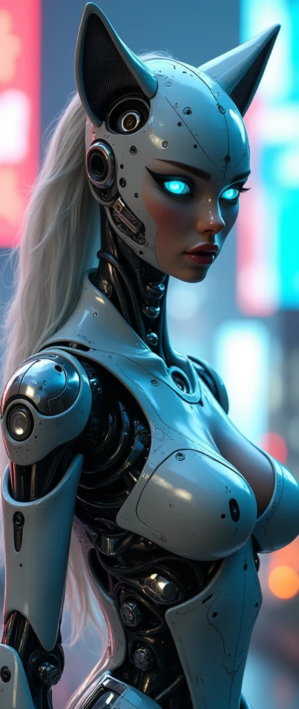 8k, to be born, Highest quality, masterpiece, Ultra-high resolution, colorful, Portraiture, (medium wide shot), (Dynamic Perspective), Sharp focus , (Written boundary depth, Bokeh:1.3), Highly detailed eyes and face, Beautiful attention to detail, (So noble and beautiful), Cinematic Light, (1. Mechanical Anthropomorphic Wolf Silver Wolf Girl), View your audience, Mirror-reflective ceramic body, (The glowing blue eyes of an android, black sclera), Moderately large cleavage, alone, (Mechanical joints), (Mechanical Limbs), (A remote mechanical spine-attached blood vessel attached to the back), (Mechanical cervical vertebrae attached to the neck), (Wires and cables connected to the head and torso), Neon Details, sf, Full Body Shot, The background is a shining cyberpunk city, Realistic, (Hand on the long sword)