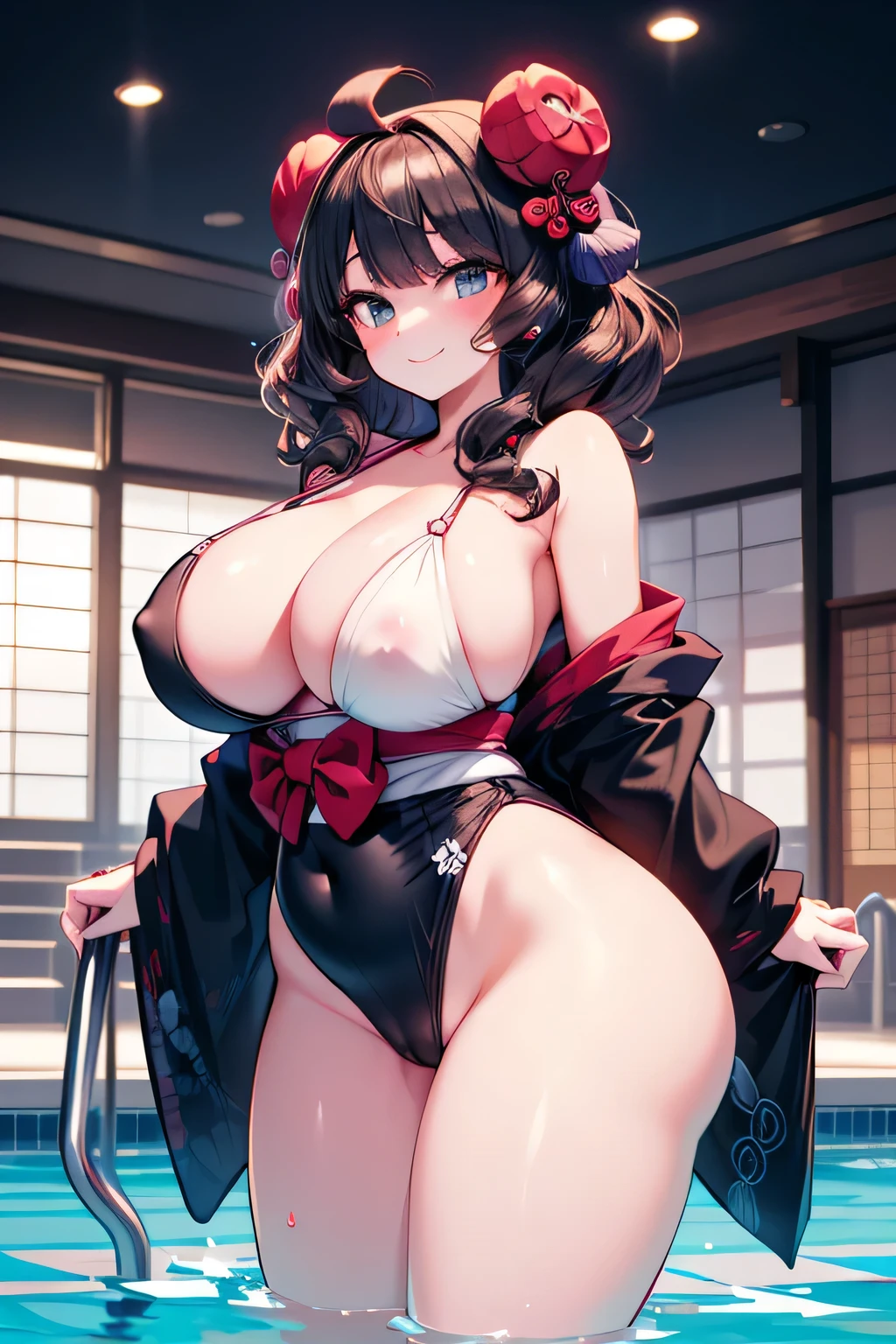 Hentai、High resolution、In a seaside resort pool lit by indirect lighting, a busty girl with a plump figure smiles and opens her legs cheerfully to show off her pussy、Perfect proportions、Cowboy Shot、Fatty thick legs、Clear eyes、Katsushika Hokusai