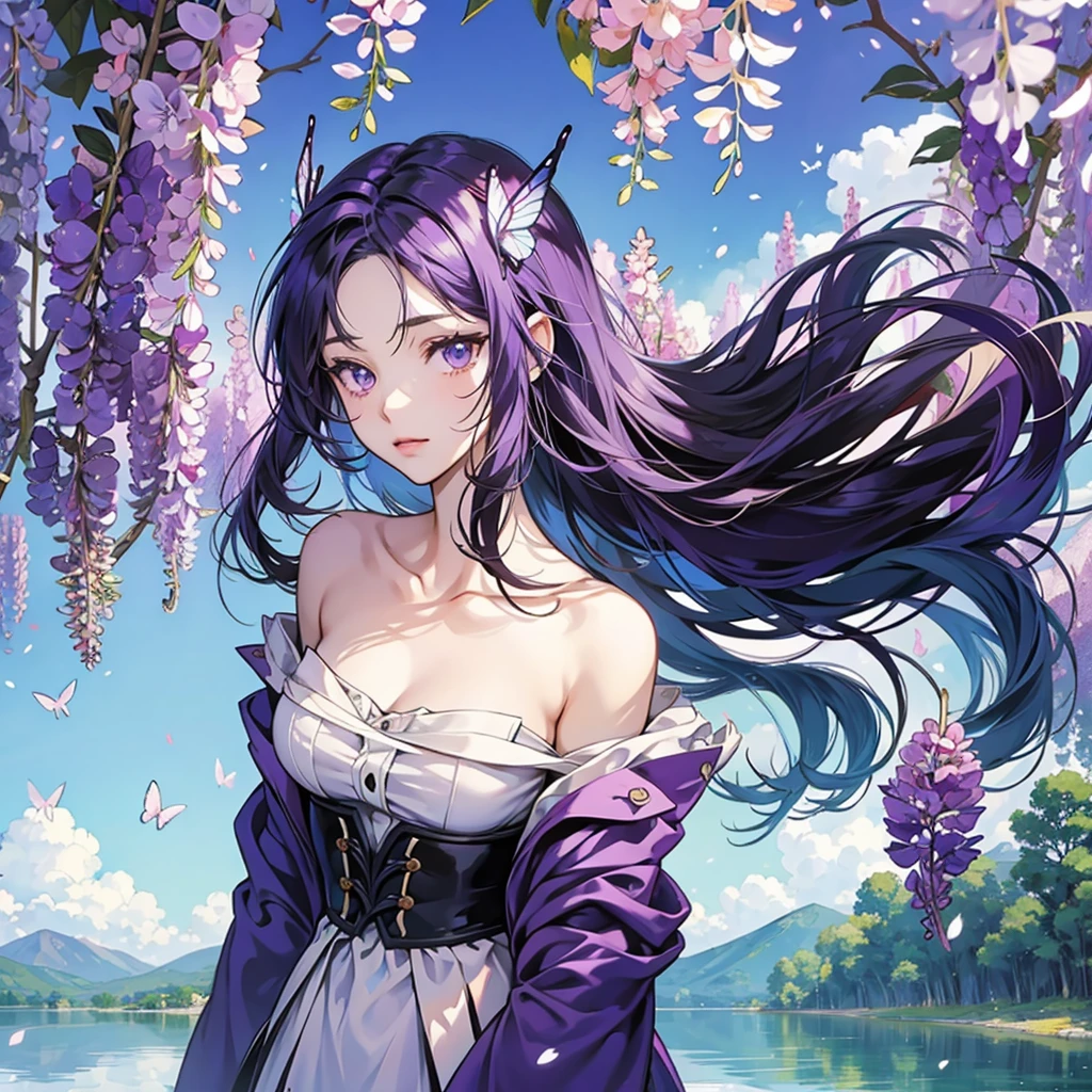 1 beautiful anime demon slayer, butterflies, lake, wisteria