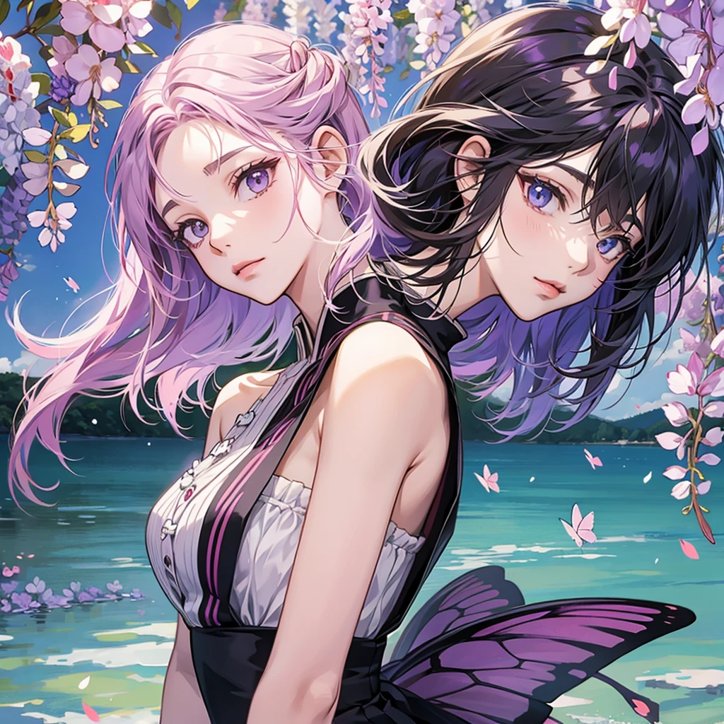 1 beautiful anime demon slayer, butterflies, lake, wisteria