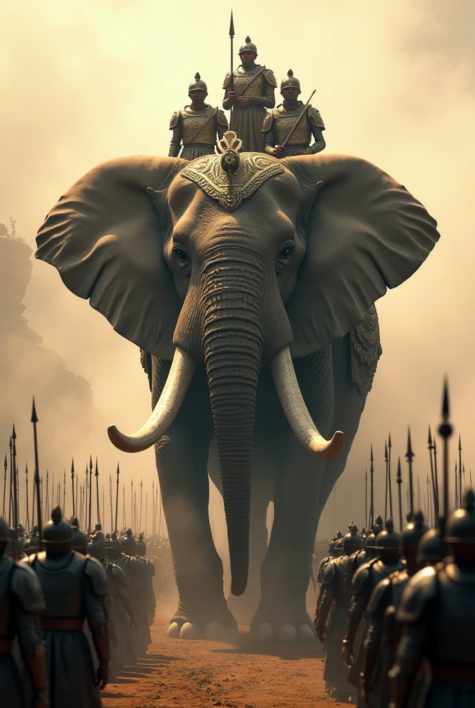 Subject: A powerful and majestic elephant, adorned with elaborate armor and weaponry, stands prominently against the backdrop of the army. Soldiers mounted on the elephant's back are equipped with weapons and armor.
Cinematic Style: The scene features soft mist and sunlight filtering through, casting a grand and solemn aura over the elephant.