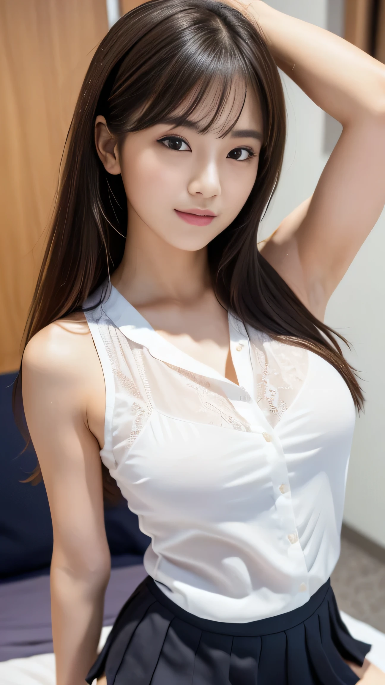   Mix 4, (16K, RAW Photos, Best image quality, masterpiece: 1.45), (Realistic, Realistic: 1.37), One Girl, cute, Professional Lighting, Photon Mapping, Bedroom, Physically Based Rendering, Dark brown long bob hair,beautiful, well-groomed eyes、double eyelid、With a girl,((((If you raise your hands above your head you can see your armpits)))), (((Sleeveless shirts worn by Japanese high school girls、Checked mini skirt,、Dark blue socks、Black Loafers))), Highest quality photos, High resolution, 1080P, (Clear Face), (Detailed face description), (Detailed hand description), (masterpiece), (Exquisite CGI)、Extreme light and shadow、Disheveled Hair、masterpiece、Rich details、(((White lace pattern panties)))、(Top quality photoassessing muscle area)、(Fine grain)、Look in front of you、Thin clavicle、((Slim and large))、I rolled up my shirt to see her beautiful breasts.、(((In Japan, we wear sleeveless shirts)))、((Pure Idol))、((Bright bedroom))、(Shot from random perspectives)、(((Anyway, cute)))、Big smile、Drawing the whole body from the knees、No nasolabia, best quality, masterpiece, (extremely detailed),
score_9, score_8_up, score_8, score_7_up, score_7, score_6_up, score_6, score_5_up, Score_5, rating_questionable, girl, pretty face, detailed face, beautiful girlfriend, couple, love, hetero, shy, romantic, background, candid, breast, dramatic, skin texture, long hair, in school, school uniform, night, dorm, passionately love, pull down clothes, undressing, downblouse, nude, erect nipples,,   masterpiece, Highest quality, Ultra-high resolution, Super detailed, Sharp focus, One girl, alone, Amazingly cute and beautiful sexy Japanese model, 1, View your viewers:1.3, (bright smile:0.6), wearing (blouse), evening, sunset, night, Realistic, thin, (Are standing:1.1), (Looking at the audience:1.3), Sexy Gaze, blush, (Upper Body Shot:1.6), Medium Hair, Messy Hair, Asymmetrical bangs, Light brown hair, Messy Hair style, ((Pure White Camisole、Place your hands behind your head、smile、Light clothing))