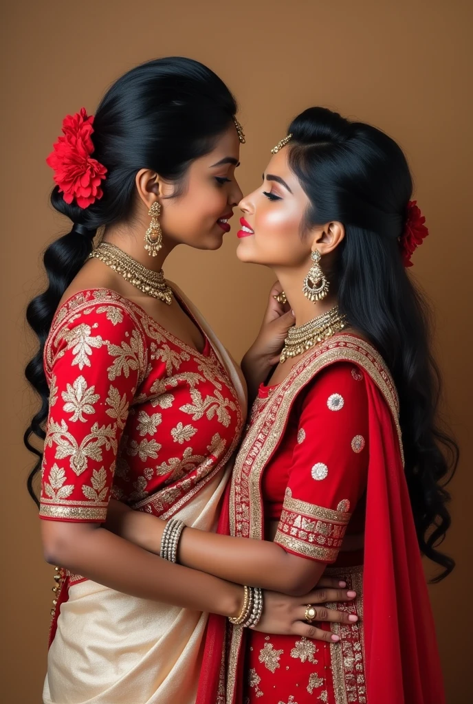 In the road, two mature indain ladies in sarees,kissing,their straight bottom curl bob length hair made in to scalp curl slick multiple small small ponytails are 10 liters of oil poured over their hairs making slick shinning like mirrors,tongues are highly visible,Hairs strictly as per image,Stricly as per the image,