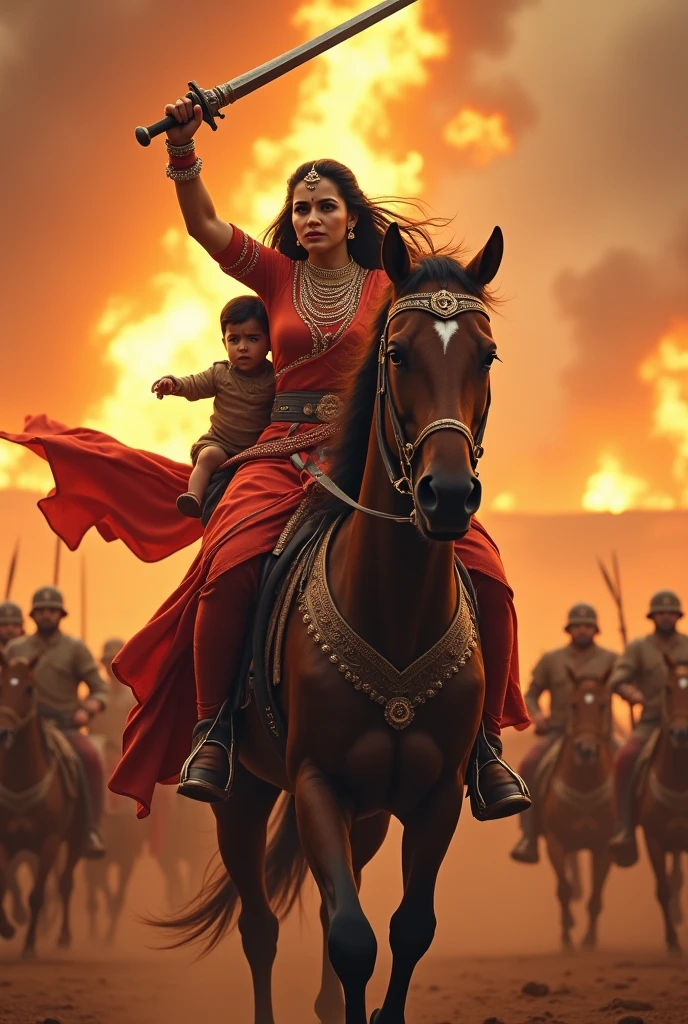 Rani Laxmibai: The legendary Rani Laxmibai, the Queen of Jhansi, dressed in warrior queen attire, with her sword raised defiantly. She rides a rearing horse into battle, leading her soldiers with her young son tied to her back, against the backdrop of a burning fort.