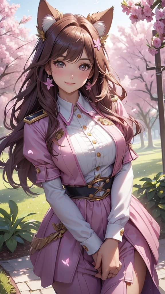 (best quality,4k,8k,highres,masterpiece:1.2),ultra-detailed,(realistic,photorealistic,photo-realistic:1.37),acrylic painting,beautiful Brazilian model in a uniform outfit with downy hair,beautiful Brazilian model with extremely colorful brown hair and detailed facial features,beautiful Brazilian model standing in a beautiful garden sakura flowers, long hair,cat ears, hair bows, uniform blue gold and pink outfits, smile, happy face,light brown hair,butterflies, brown eyes, mature woman, older woman, 30 year old, adult woman. Older lady, posing,Solo