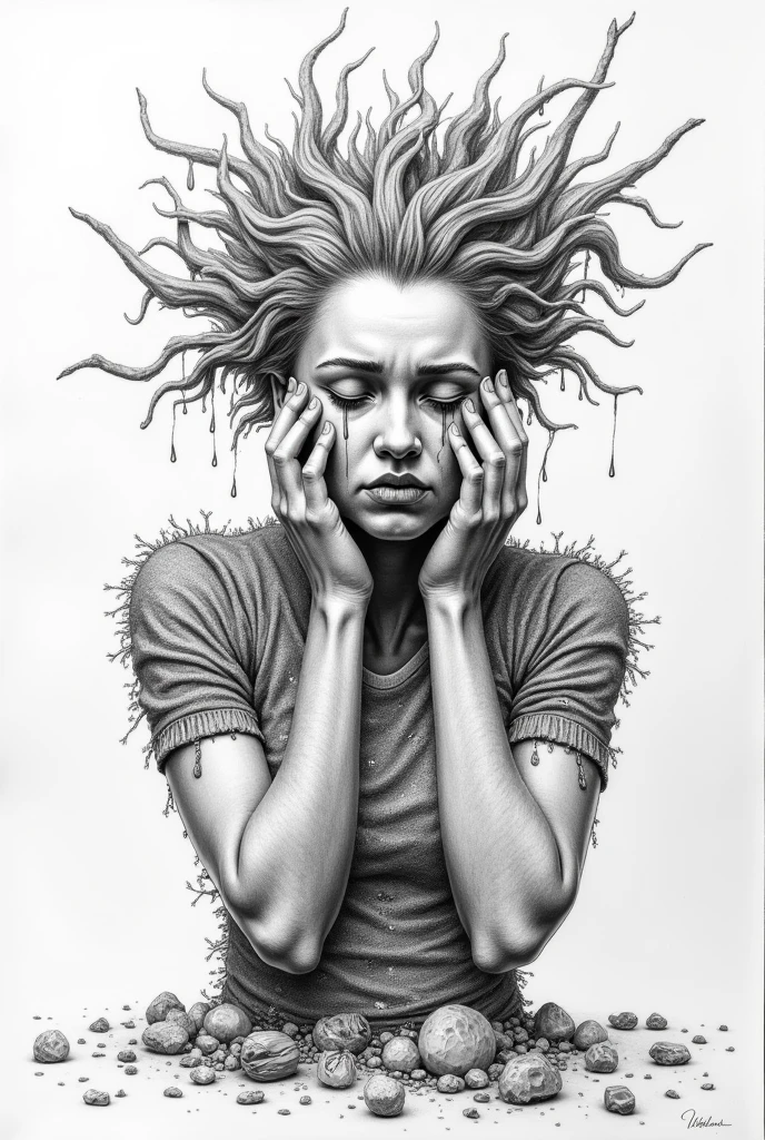 generate an image in the form of a pencil drawing in which this can be seen: The work "Mother Cries" represents a woman who symbolizes Mother Earth, made of trash both figuratively and literally. His figure is made up of waste and recycled materials., reflecting how consumerism has invaded and damaged our planet. The woman is in a position of deep sadness, with his hands almost covering his face, as if trying to hide his pain and despair at the destruction that is happening around him.
Her hair, undone and disordered, It is made up of plastics and other waste, symbolizing the pollution that affects nature. The expression on his face, although partially hidden, conveys deep suffering, with tears representing the Earth's sadness over environmental degradation. The figure is slightly leaning to one side, suggesting vulnerability and fragility in the face of human impact on the environment.