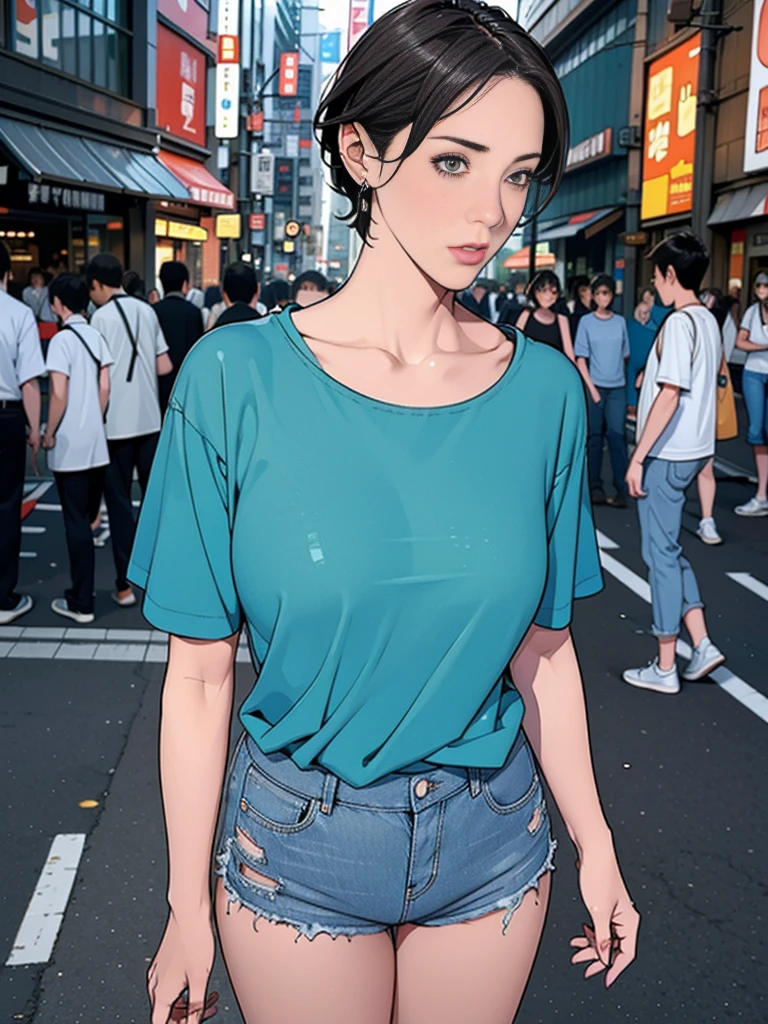individual,short hair,Photorealism,detailed,masterpiece,ager,Beautiful girl,Denim shorts,t-shirt,Bustling streets of Tokyo,Bustling street scene,Puzzled look