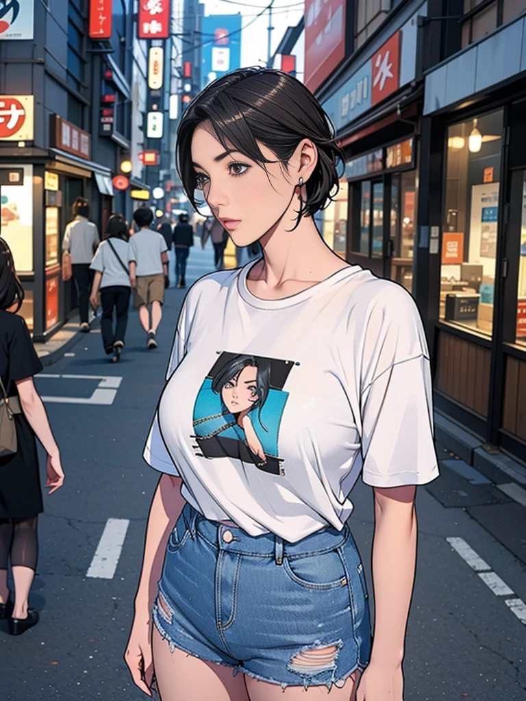 individual，short hair，Photorealism，detailed，masterpiece，teenager，Beautiful girl，Denim shorts，t-shirt，Bustling streets of Tokyo，Bustling street scene，Puzzled look
