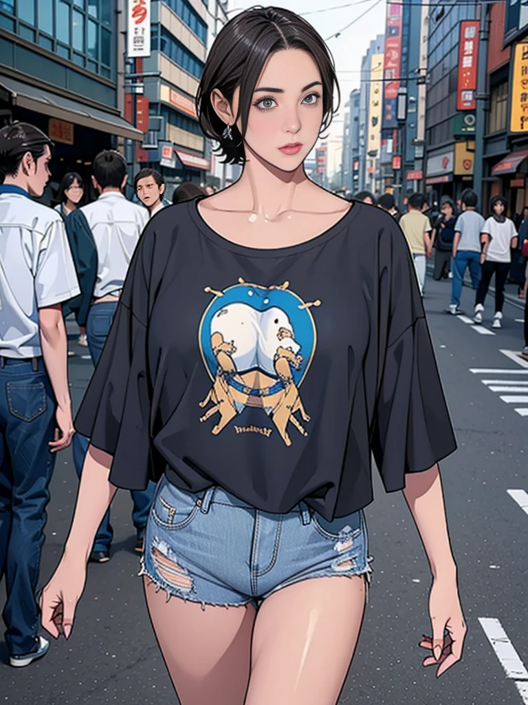 individual，short hair，Photorealism，detailed，masterpiece，teenager，Beautiful girl，Denim shorts，t-shirt，Bustling streets of Tokyo，Bustling street scene，Puzzled look
