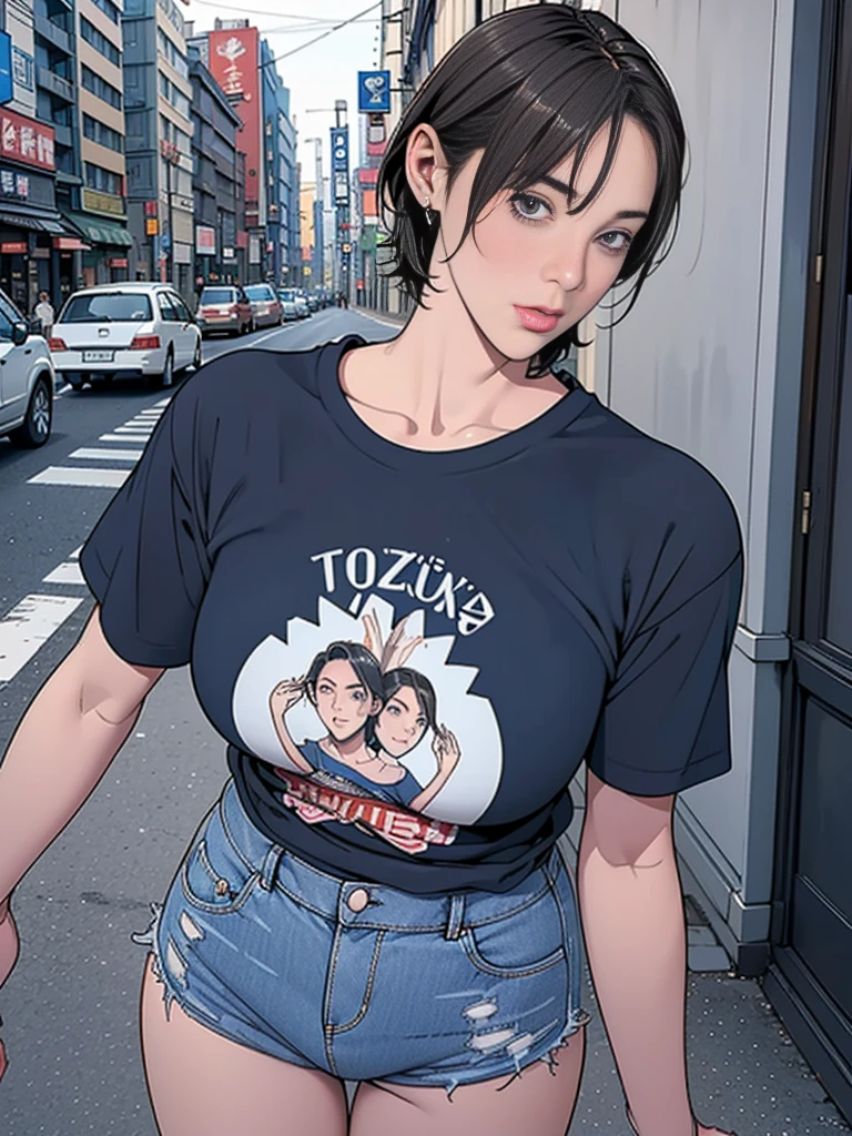 individual，short hair，Photorealism，detailed，masterpiece，teenager，Beautiful girl，Denim shorts，t-shirt，Bustling streets of Tokyo，Bustling street scene，Puzzled look
