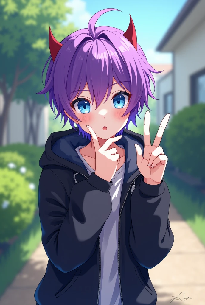 anime art, cute boy with bright purple hair, blue eyes, wearing a black jacket, and has small devil horns, posing with two fingers in a front yard ,white skinned and short haired