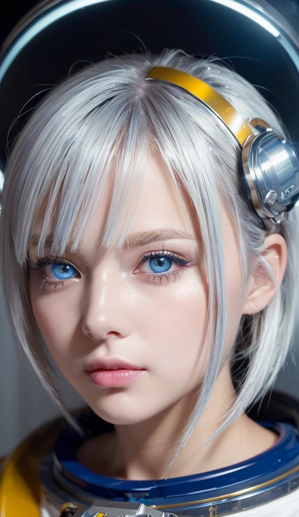 (A close-up of a masterpiece:1.5)0.9], (Space and astronauts:1.2) (Disheveled silver hair:1.1) (Heterochromia yellow eyes and blue eyes:1.2) (Space Helmet:1.0) (Colored stars in my eyes:1.0) (Shining Light:1.1) (Big Lips:0.9)