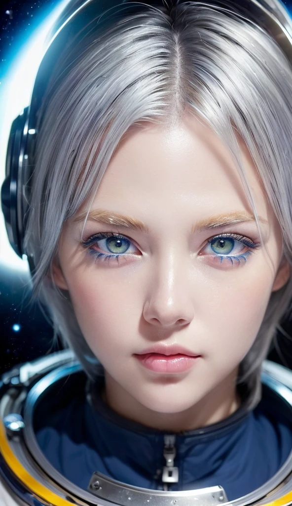 (A close-up of a masterpiece:1.5)0.9], (Space and astronauts:1.2) (Disheveled silver hair:1.1) (Heterochromia yellow eyes and blue eyes:1.2) (Space Helmet:1.0) (Colored stars in my eyes:1.0) (Shining Light:1.1) (Big Lips:0.9)