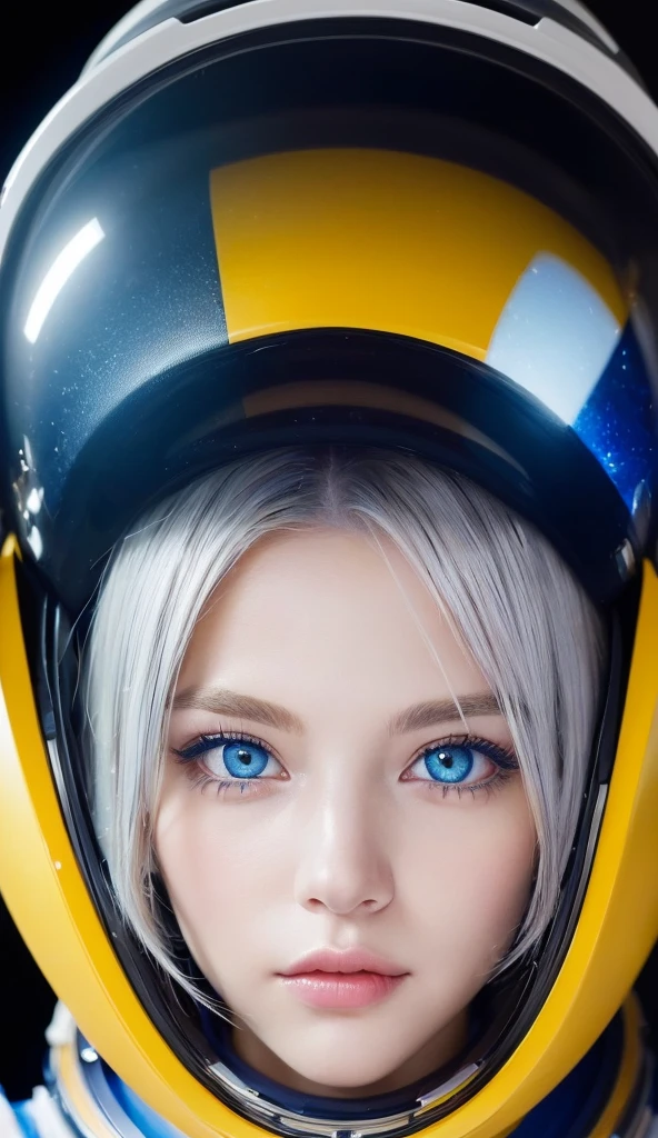 (A close-up of a masterpiece:1.5)0.9], (Space and astronauts:1.2) (Disheveled silver hair:1.1) (Heterochromia yellow eyes and blue eyes:1.2) (Space Helmet:1.0) (Colored stars in my eyes:1.0) (Shining Light:1.1) (Big Lips:0.9)