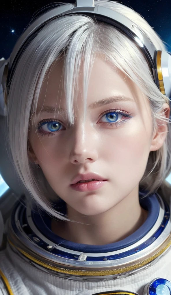 (A close-up of a masterpiece:1.5)0.9], (Space and astronauts:1.2) (Disheveled silver hair:1.1) (Heterochromia yellow eyes and blue eyes:1.2) (Space Helmet:1.0) (Colored stars in my eyes:1.0) (Shining Light:1.1) (Big Lips:0.9)