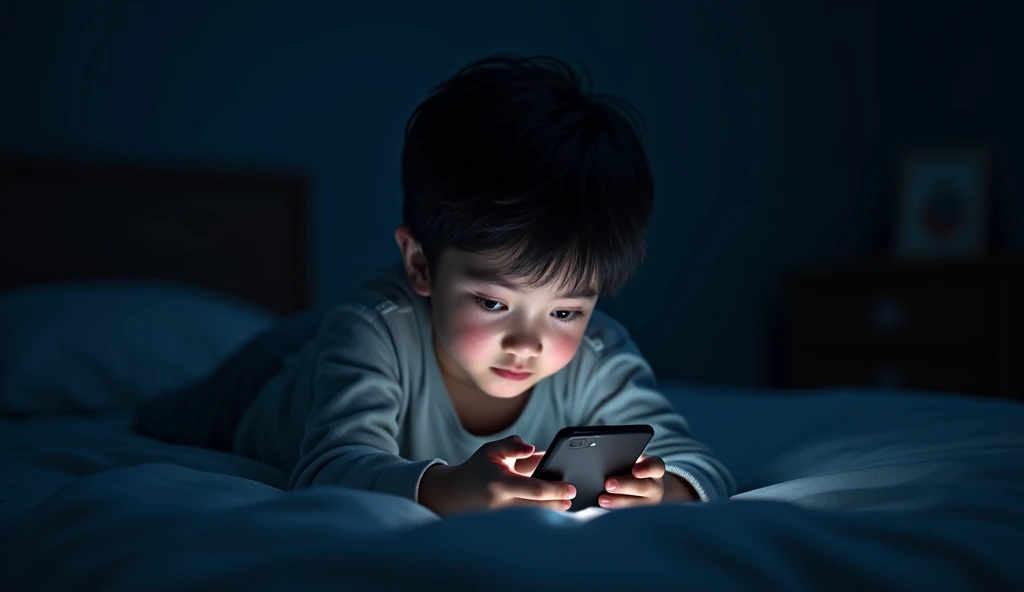 A young boy lies in his dark room and stares at the mobile screen