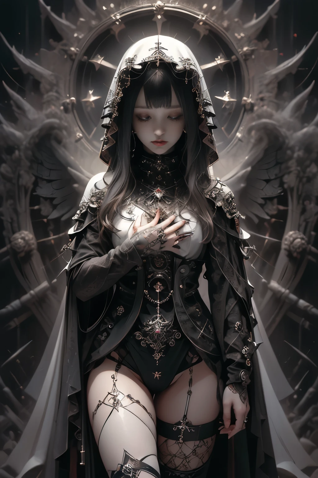 ((Highest quality、8k、masterpiece:1.3)),((Gothic Punk Angel、Prayer Pose))、Image color is white、Japan Maiden,((Full body portrait)),Best image quality,Ultra Clear,The facial features are delicate and well defined,Exquisite detail,(Camel Toe)、Slim body、Small breasts、Small Ass、Upright pose、Black Hair、Bob Style、Cropped bangs、masterpiece、Surreal、Anatomical、Facial muscles、elegant、Beautiful background、Octane Rendering,Cathedral