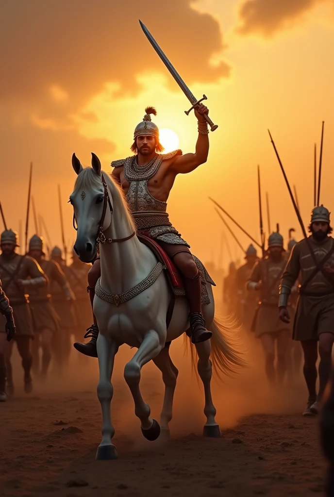 Bajirao Peshwa: Bajirao Peshwa, a renowned Maratha general, riding a white horse in the heat of battle. He wears a silver helmet with a crest and an ornate chest plate, leading his troops with a sword raised high, while the sun sets behind a line of advancing soldiers.ultra HD high resolution 4K 