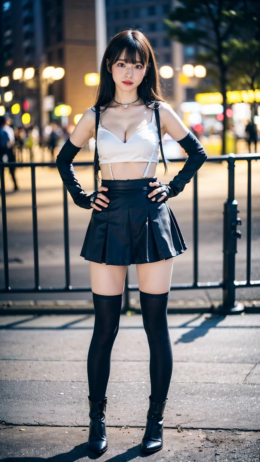 (8k、RAW Photos、Highest quality、masterpiece:1.2)、(Realistic、Realistic)、1 person、((black and white、Cleavage、tights、Gloves、Garter Ring、mini skirt、Thin legs、whole body、boots、View from the front、Looking into the camera、Night Park、Stand with hands on hips))、cute