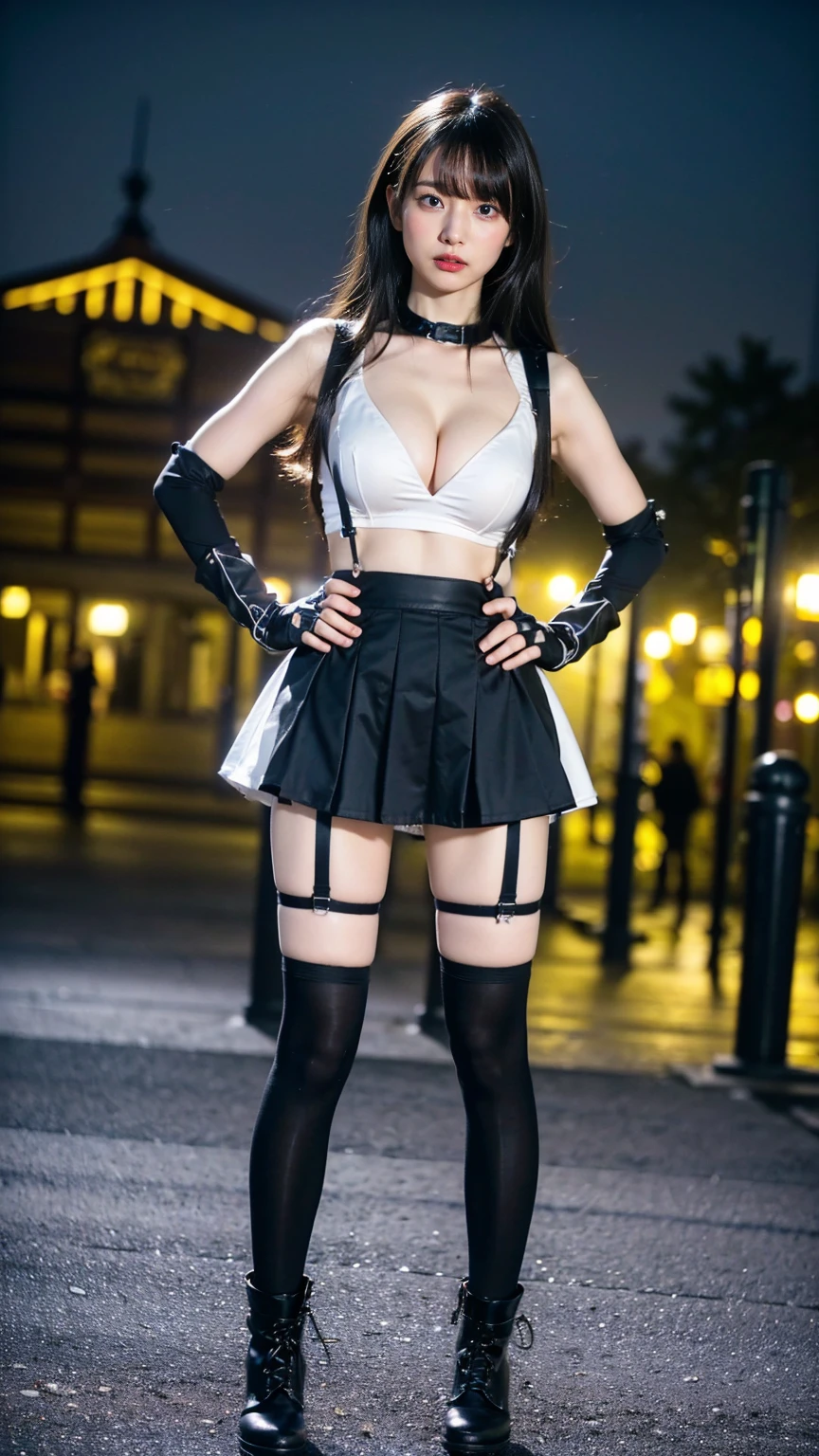(8k、RAW Photos、Highest quality、masterpiece:1.2)、(Realistic、Realistic)、1 person、((black and white、Cleavage、tights、Gloves、Garter Ring、mini skirt、Thin legs、whole body、boots、View from the front、Looking into the camera、Night Park、Stand with hands on hips))、cute