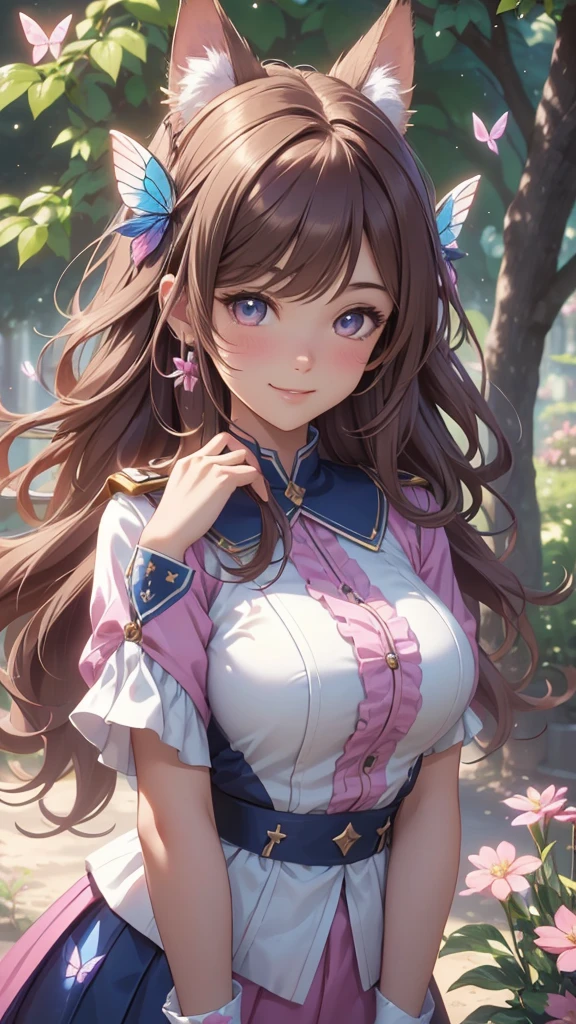 (best quality,4k,8k,highres,masterpiece:1.2),ultra-detailed,(realistic,photorealistic,photo-realistic:1.37),acrylic painting,beautiful Brazilian model in a uniform outfit with downy hair,beautiful Brazilian model with extremely colorful brown hair and detailed facial features,beautiful Brazilian model standing in a beautiful garden sakura flowers, long hair,cat ears, hair bows, uniform blue and pink outfits, smile, happy face,light brown hair,butterflies, brown eyes, mature woman, older woman, 30 year old, adult woman. Older lady, cute pose,Solo