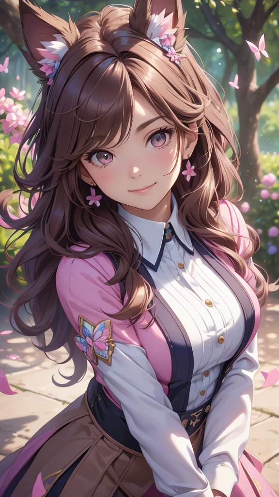 (best quality,4k,8k,highres,masterpiece:1.2),ultra-detailed,(realistic,photorealistic,photo-realistic:1.37),acrylic painting,beautiful Brazilian model in a uniform outfit with downy hair,beautiful Brazilian model with extremely colorful brown hair and detailed facial features,beautiful Brazilian model standing in a beautiful garden sakura flowers, long hair,cat ears, hair bows, uniform blue and pink outfits, smile, happy face,light  brown  hair,butterflies, brown eyes,  mature woman, older woman, 30 year old, adult woman. Older lady, cute pose,Solo