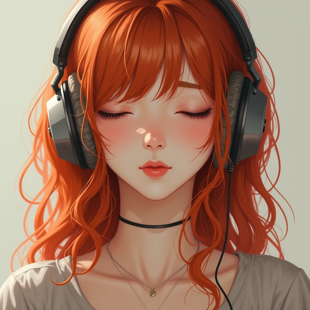 (masterpiece, best quality:1.4), 1girl, solo, pretty redhead listening to headphones, 