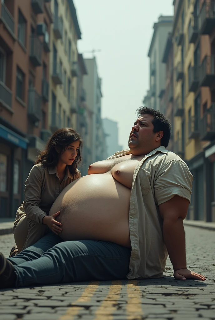 A young man with an enormous belly is laying on the street. He looks hopeless because he can’t stand up. He is so very big that he can’t stand up. He looks sad. He lays on top of his belly. A girl is trying to help him