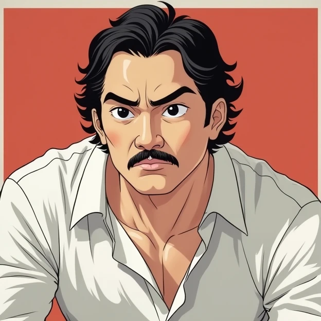 A man asian hero with curly hair and a thin mustache looking slightly to the left, wearing a white shirt 3d
