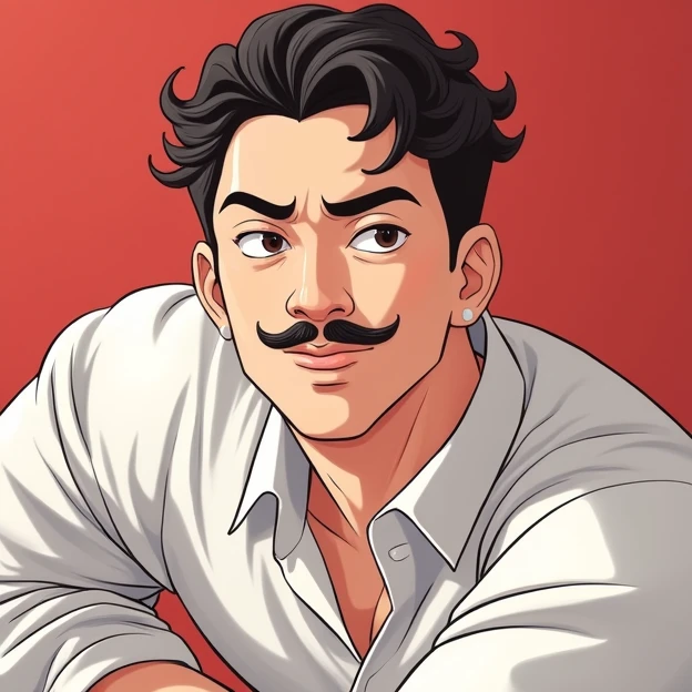 A man asian hero with curly hair and a thin mustache looking slightly to the left, wearing a white shirt 3d
