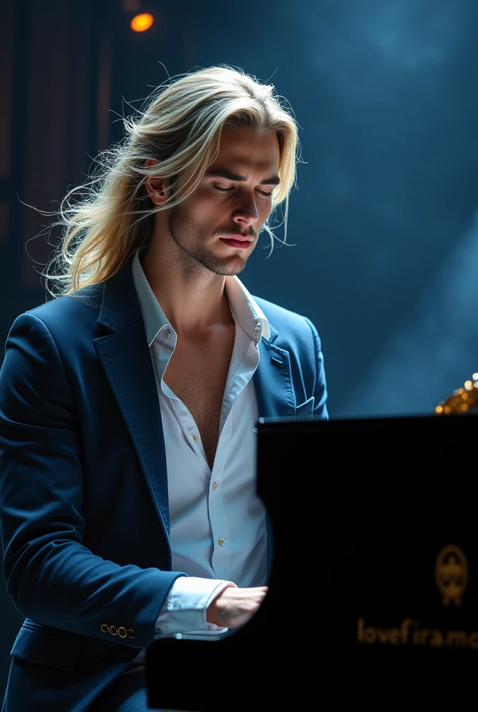 pianist　Performing　male　30th Generation　Blonde　Long Hair　Blue Eye　shirt　Open-neck jacket