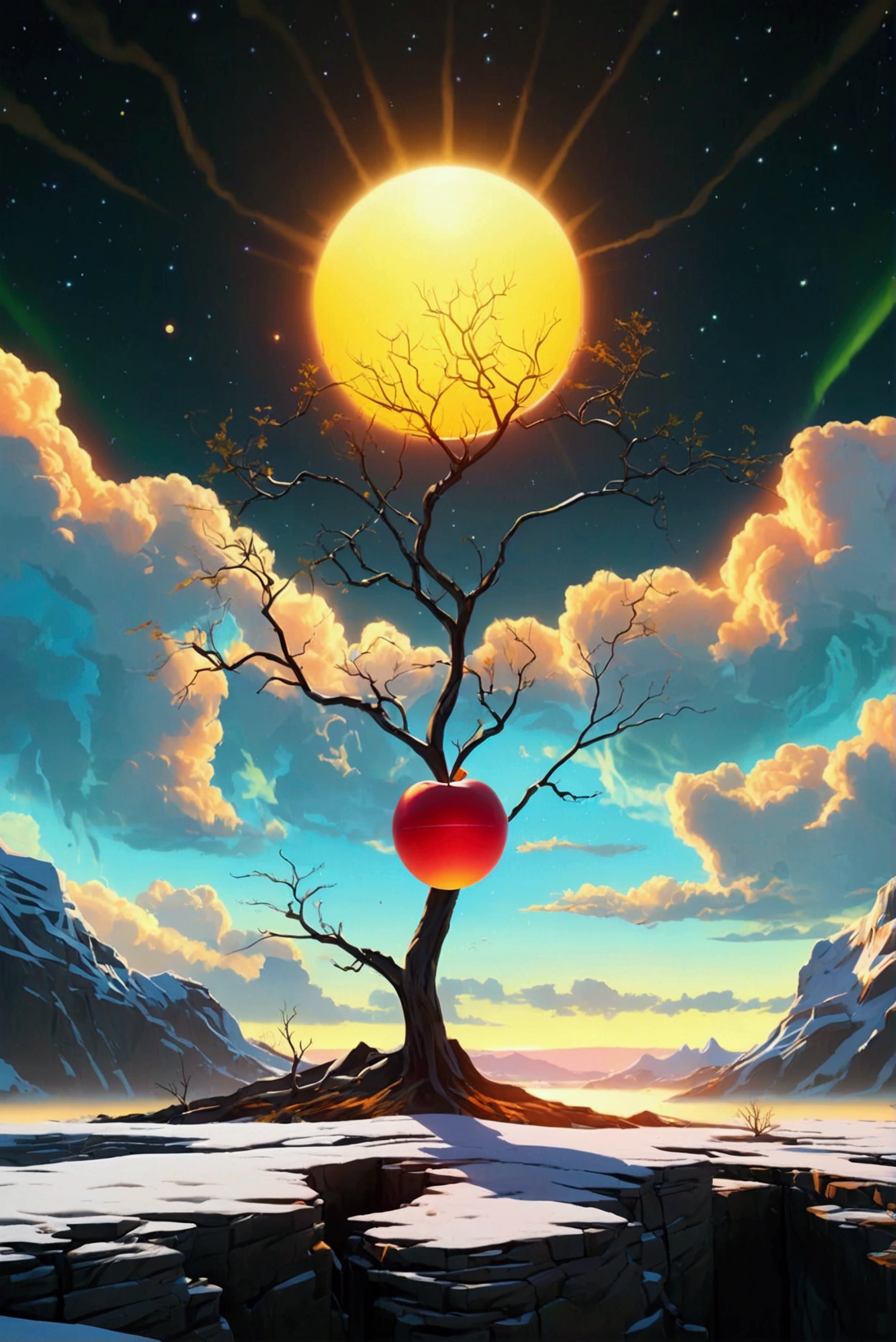 A minimalist 3D render of a surreal landscape. A smooth, geometric plane stretches towards a horizon where a single, perfectly spherical sun hangs low in the sky, casting a stark, single shadow. A single, impossibly tall, metallic tree pierces the landscape, its branches reaching towards the sun. Introduce a glowing, magical apple hanging from the tree. The color palette is limited to black, white, and one accent color. The sky features a mesmerizing aurora borealis, dancing in vibrant hues across the horizon. The overall aesthetic is clean, geometric, and evokes a sense of isolation, quiet wonder, and a touch of magic.