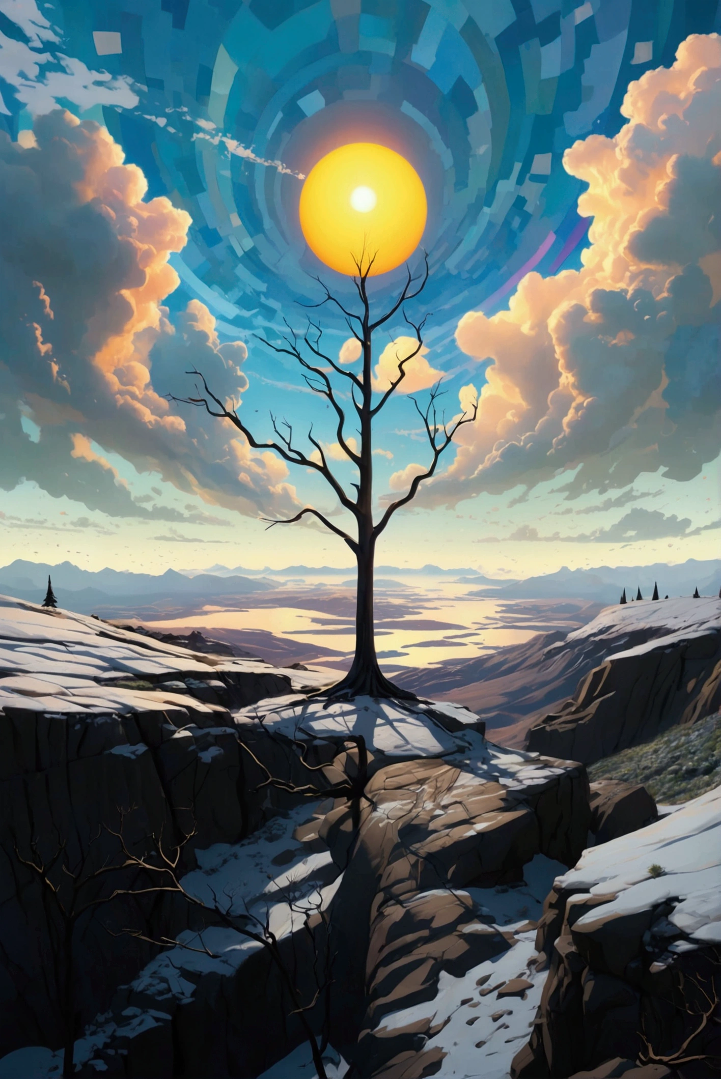 A minimalist 3D render of a surreal landscape. A smooth, geometric plane stretches towards a horizon where a single, perfectly spherical sun hangs low in the sky, casting a stark, single shadow. A single, impossibly tall, metallic tree pierces the landscape, its branches reaching towards the sun. Introduce a glowing, magical apple hanging from the tree. The color palette is limited to black, white, and one accent color. The sky features a mesmerizing aurora borealis, dancing in vibrant hues across the horizon. The overall aesthetic is clean, geometric, and evokes a sense of isolation, quiet wonder, and a touch of magic.