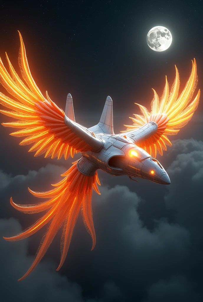 a phoenix airplane macha from white metal, soaring on the sky, metal reflection body, cinematic lighting, spreading the wings and gliding, gliding pose, glowing orange eyes, glowing steel orange wings, glowing steel orange tails, iron claw, bright color, black moon background, highly detailed, futurism, sci-fi theme