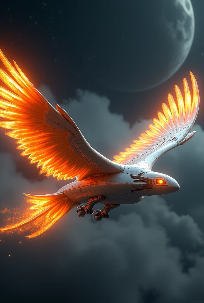 a phoenix airplane macha from white metal, soaring on the sky, metal reflection body, cinematic lighting, spreading the wings and gliding, gliding pose, glowing orange eyes, glowing steel orange wings, glowing steel orange tails, iron claw, bright color, black moon background, highly detailed, futurism, sci-fi theme