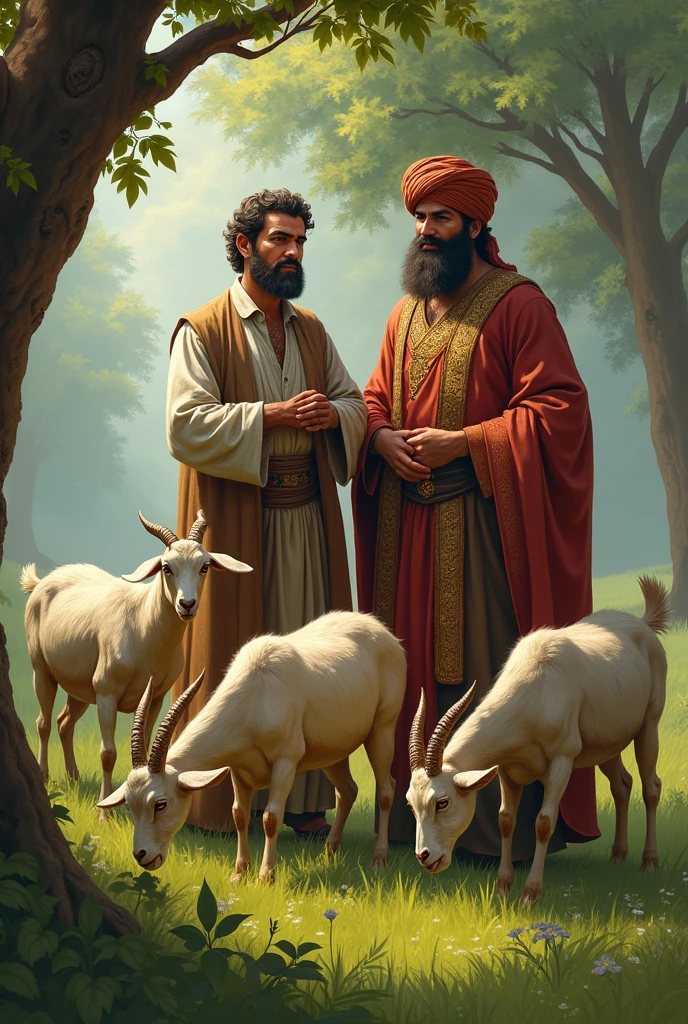 A shapherd standing with a Muslim king four goats, trees, grass