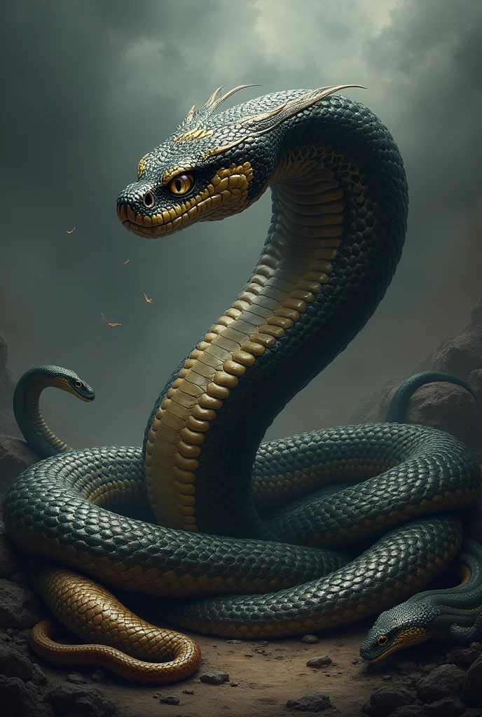 A big king cobra must look like the king and all other sanke's in front of him. The background should be dark and dangerous. No humans