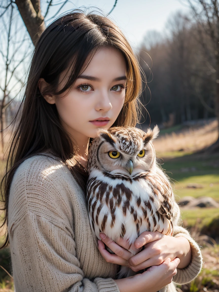 ((Top Quality)), ((Masterpiece)), ((Details)), ((upper body: 1.2)), ((close-up: 1.1)), More Saturation, strong reflections, bright shade, Place the girl in the foreground at large, ((Surrealism: 1.2)), cold wind, magic wand, owl, girl, "A girl stands alone on a windswept hill, her hand gripping a magical wand. The cold wind swirls around her, carrying whispers of ancient spells, as an owl hovers nearby, embodying the mystical energy that surrounds them."